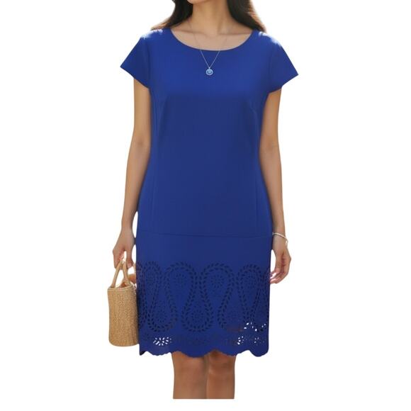 Ann Taylor Petite Purple Cap Sleeve Dress Laser Cut Hem Scoop Neck 10P - Picture 11 of 12